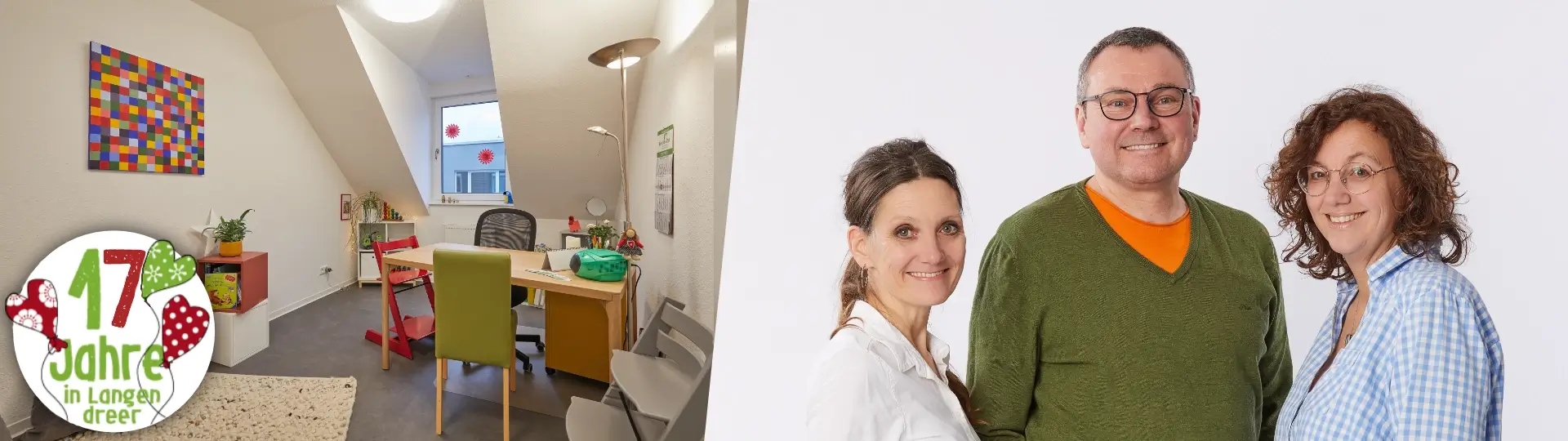 Bild eines Logopädie- und Sprachtherapie Praxisraums und des Teams